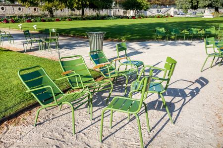 Green chairs in the Tuileries Garden Paris, Franceの写真素材