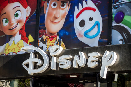 Paris/France - September 10, 2019 : The Disney store entrance sign on Champs-Elysees avenueのeditorial素材
