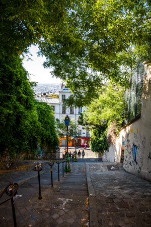 PARIS/FRANCE - September 6, 2019 : Typical Parisian stairway street on Butte Montmartreのeditorial素材