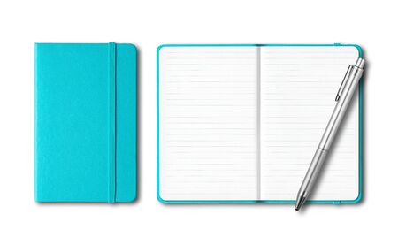 Aqua blue closed and open lined notebooks with a pen isolated on whiteの写真素材