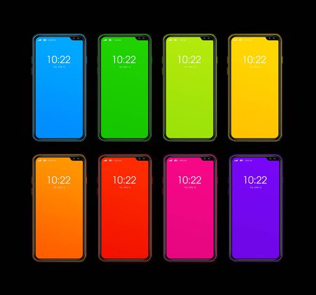 Rainbow colorful smartphone set isolated on black background. 3D renderの写真素材