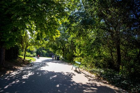 Buttes-Chaumont famous Park in summer, Paris, Franceの写真素材