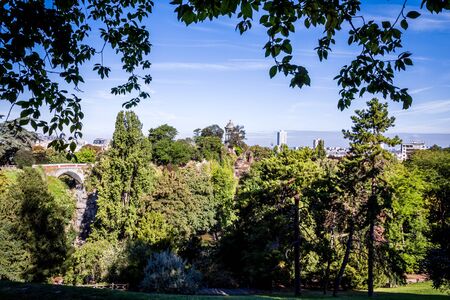 Sibyl temple and pond in Buttes-Chaumont Park, Paris, Franceの写真素材