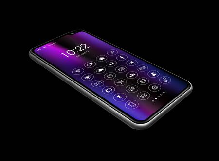 All screen digital realistic smartphone with icon set isolated on black. Perspective view 3D renderの写真素材