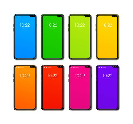 Rainbow colorful smartphone set isolated on white Background. 3D renderの写真素材