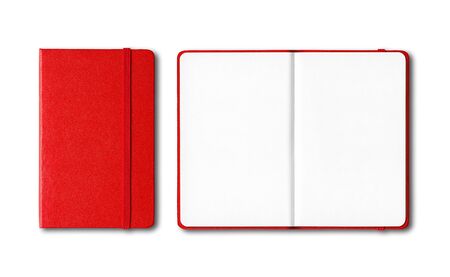 Red closed and open notebooks mockup isolated on whiteの写真素材