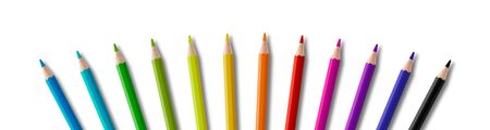 Set of color wooden pencil collection isolated on white. Panoramic banner backgroundの写真素材