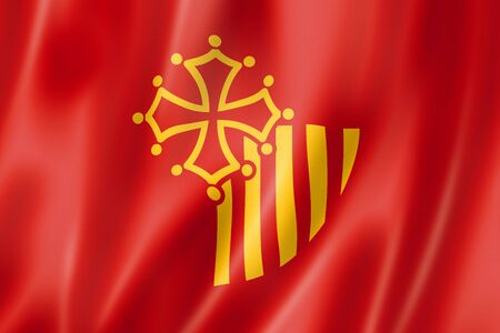 Languedoc-Roussillon Region flag, France waving banner collection. 3D illustrationの写真素材