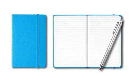 Cyan blue closed and open lined notebooks with a pen isolated on whiteの写真素材
