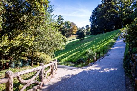 Buttes-Chaumont famous Park in summer, Paris, Franceの写真素材