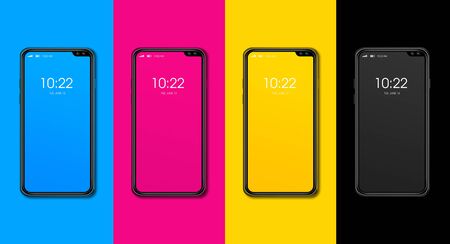 CMYK smartphone set isolated on color background. 3D render illustrationの写真素材
