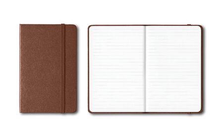 Dark leather closed and open lined notebooks mockup isolated on whiteの写真素材