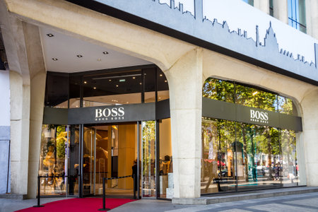Paris/France - September 10, 2019 : The Hugo Boss luxury store on Champs-Elysees avenueのeditorial素材
