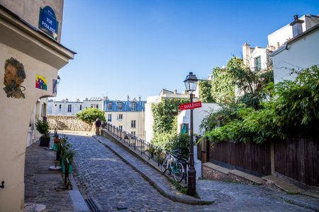 PARIS/FRANCE - September 6, 2019 : Typical Parisian street on Butte Montmartreのeditorial素材