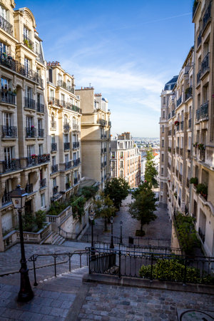 PARIS/FRANCE - September 6, 2019 : Typical Parisian stairway street on Butte Montmartreのeditorial素材