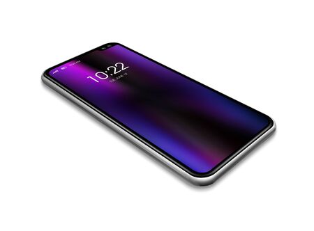 All screen digital realistic blank smartphone mockup isolated on white with clock display. Perspective view 3D renderの写真素材