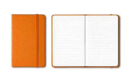 Orange closed and open lined notebooks mockup isolated on whiteの写真素材