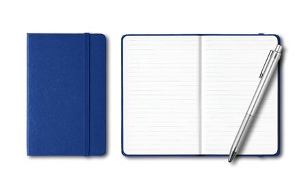Marine blue closed and open lined notebooks with a pen isolated on whiteの写真素材