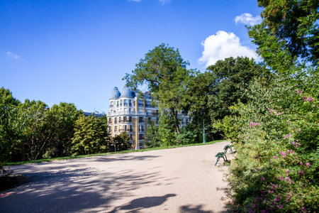 PARIS/FRANCE - September 3, 2019 : Haussmann building view from the Buttes-Chaumont Parkのeditorial素材