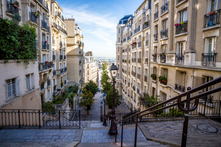 PARIS/FRANCE - September 6, 2019 : Typical Parisian stairway street on Butte Montmartreのeditorial素材