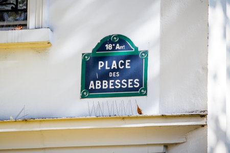 Place des Abbesses street sign in Paris, Franceのeditorial素材