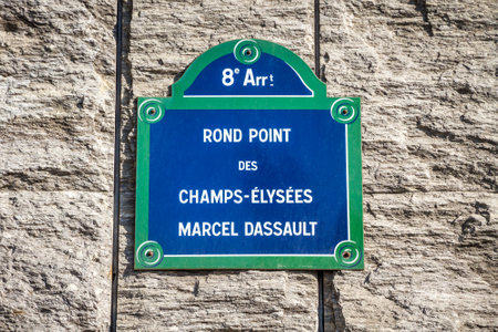 Rond Point des Champs-Elysees Marcel Dassault street sign in Paris, Franceのeditorial素材