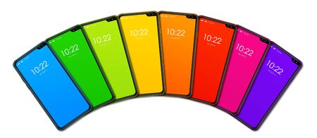 Rainbow colorful smartphone set banner. Isolated on white Background. 3D renderの写真素材