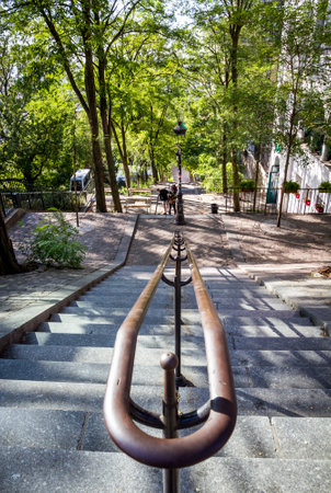 PARIS/FRANCE - September 6, 2019 : Typical Parisian stairway street on Butte Montmartreのeditorial素材