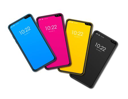 CMYK smartphone colorful set isolated on white Background. 3D renderの写真素材