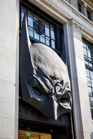 Paris/France - September 10, 2019 : Batman mask on the Galeries Lafayette store, Champs-Elysees avenueのeditorial素材
