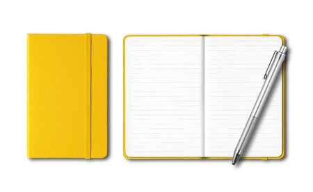 Yellow closed and open lined notebooks with a pen isolated on whiteの写真素材