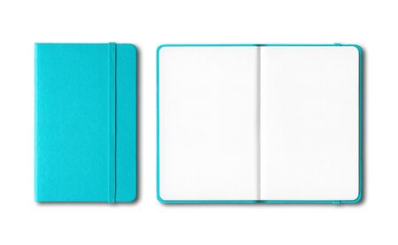 Aqua blue closed and open notebooks mockup isolated on whiteの写真素材