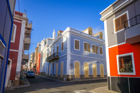 Mindelo/Cape Verde - August 20, 2018 - Colorful houses and city streets, Sao Vicenteのeditorial素材