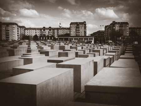 Berlin/Germany - April 21, 2014 : Memorial to the Murdered Jews of Europe. Black and white photographyのeditorial素材