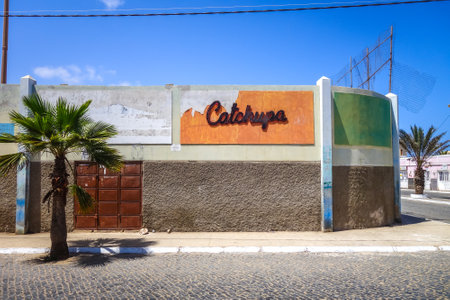 Santa Maria/Cape Verde - August 22, 2018 - Catchupa building and sign board in Salのeditorial素材