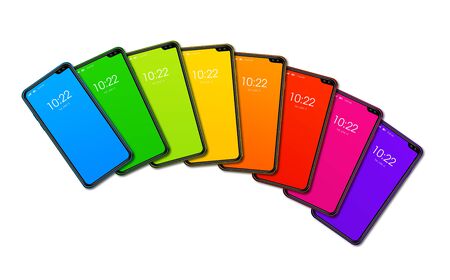 Rainbow colorful smartphone set isolated on white Background. 3D renderの写真素材