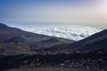 Cha das Caldeiras over the clouds view from Pico do Fogo in Cape Verde, Africaの写真素材