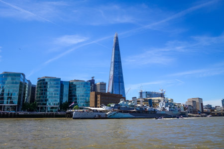 London/UK - June 3, 2017 - Cityscape view and the Shard tower building on Thames riverのeditorial素材