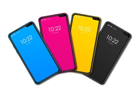 CMYK smartphone colorful set isolated on white Background. 3D renderの写真素材