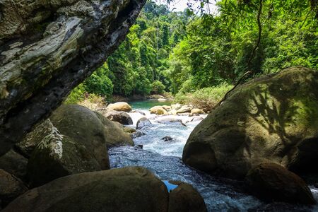 River in jungle rainforest, Khao Sok National Park, Thailandの写真素材