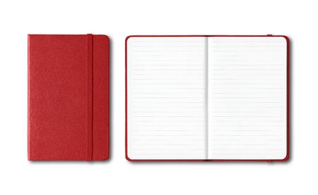 Dark red closed and open lined notebooks mockup isolated on whiteの写真素材
