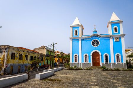 Blue church in Sao Filipe, Fogo Island, Cape Verde, Africa