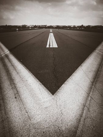 Runway perspective in Templehof Airport, Berlin, Germany. Black and white pictureの写真素材