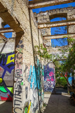 Bordeaux/France - April 18, 2018 : Graffitis in Darwin old buildings, Caserne Niel.のeditorial素材