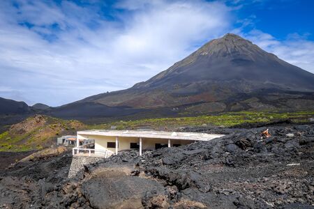 Pico do Fogo and village destroyed by volcanic eruption in Cha das Caldeiras, Cape Verdeの写真素材