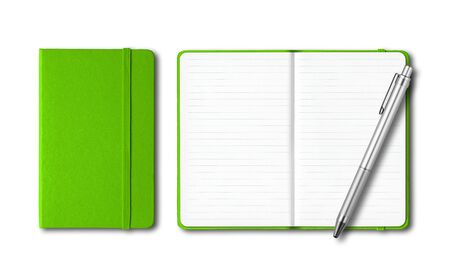 Green closed and open lined notebooks with a pen isolated on whiteの写真素材