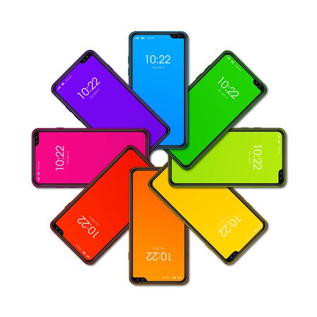 Rainbow colorful smartphone set in circle shape. isolated on white background. 3D renderの写真素材