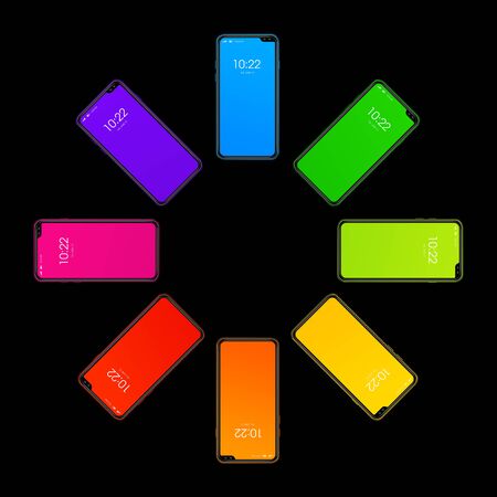 Rainbow colorful smartphone set in circle shape. isolated on black background. 3D renderの写真素材