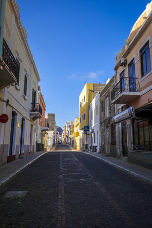 Mindelo/Cape Verde - August 20, 2018 - Colorful houses and city streets, Sao Vicenteのeditorial素材