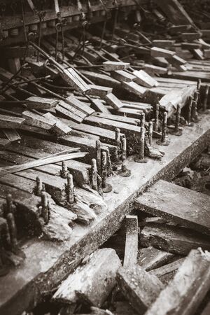 Old abandoned broken piano. Black an white pictureの写真素材